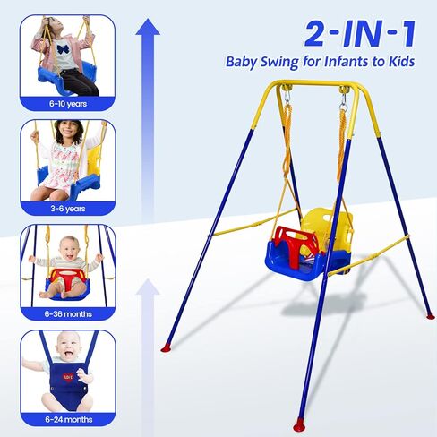 3-in-1 Toddler Swing Set and Baby Jumper, Baby Swing with Bouncers for Indoor Outdoor Play, Sturdy Safety Seat and Foldable Metal Swing Stand Easy to Assemble and Store at Home Garage in Kuwait