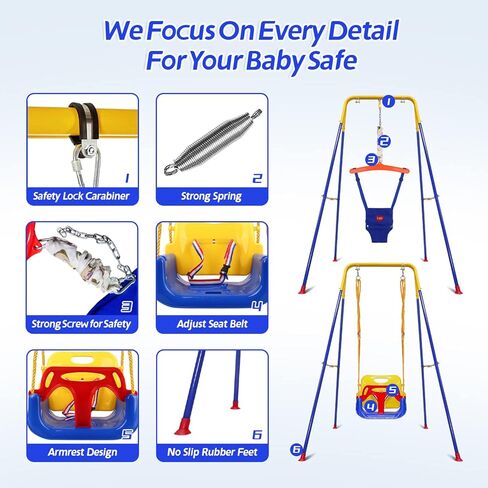 3-in-1 Toddler Swing Set and Baby Jumper, Baby Swing with Bouncers for Indoor Outdoor Play, Sturdy Safety Seat and Foldable Metal Swing Stand Easy to Assemble and Store at Home Garage in Kuwait