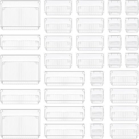 CHEFSTORY 33 PCS Clear Drawer Organizers Set, 4 Sizes Plastic Vanity Desk Drawer Organizers Trays and Storage Bins with Non-slip Silicone Pads for Makeup,Bathroom and Kitchen in Saudi Arabia