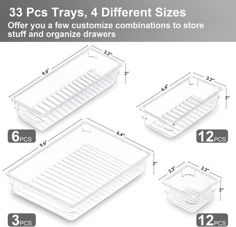 CHEFSTORY 33 PCS Clear Drawer Organizers Set, 4 Sizes Plastic Vanity Desk Drawer Organizers Trays and Storage Bins with Non-slip Silicone Pads for Makeup,Bathroom and Kitchen in Saudi Arabia