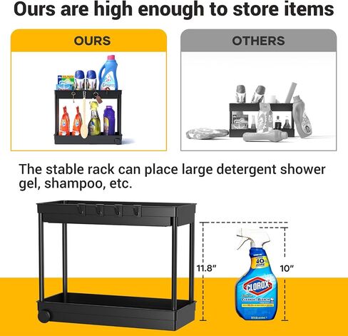 2 Pack Under Sink Organizer, 2 Tier Bathroom Cabinet Organizers and Storage with Hook, Multi-purpose Storage Basket Shelf for Kitchen, Black in Saudi Arabia