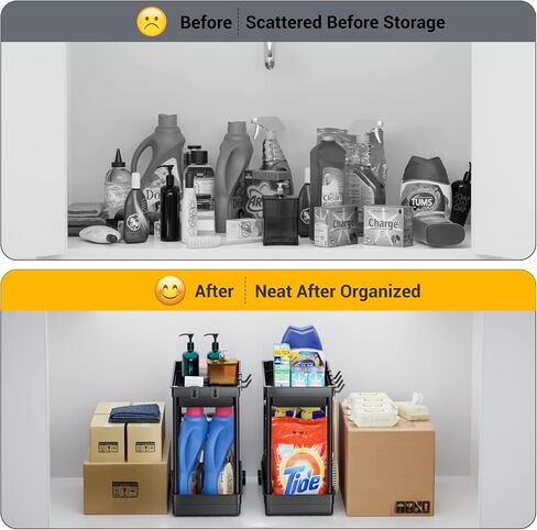 2 Pack Under Sink Organizer, 2 Tier Bathroom Cabinet Organizers and Storage with Hook, Multi-purpose Storage Basket Shelf for Kitchen, Black in Saudi Arabia