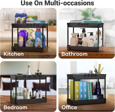 2 Pack Under Sink Organizer, 2 Tier Bathroom Cabinet Organizers and Storage with Hook, Multi-purpose Storage Basket Shelf for Kitchen, Black in Saudi Arabia