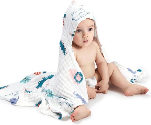 منشفة حمام للأطفال من بي سي بيبي كير، مناشف أطفال بغطاء للرأس من قطن الموسلين بنسبة 100%، مناشف أطفال لحديثي الولادة، مناشف أطفال بغطاء للرأس فائقة الامتصاص للأولاد والبنات، 37.4 * 37.4 بوصة in Kuwait