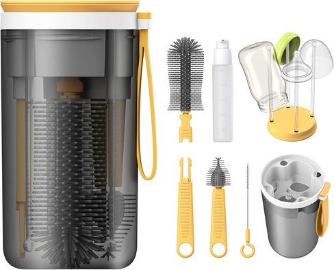 مجموعة فرش زجاجات الأطفال للسفر من يوتايم مع فرشاة سيليكون محمولة للزجاجات، وفرشاة تنظيف الحلمات، وفرشاة المصاصة، وموزع صابون الزجاجات وحامل، أصفر in Kuwait
