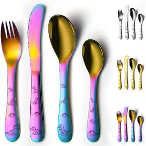 أواني إيفاندا للأطفال الصغار، طقم أدوات فضية للأطفال من الفولاذ المقاوم للصدأ مكون من 4 قطع، شوك وملاعق أواني للأطفال، أدوات مائدة مستديرة ناعمة مصقولة بالمرآة وآمنة للاستخدام في غسالة الأطباق in Kuwait