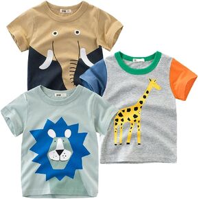 Toddler Baby Boys 3 Pack Crewneck Cotton Short Sleeve T-Shirt, Baby Summer Cute Cartoon Print Tees Shirts