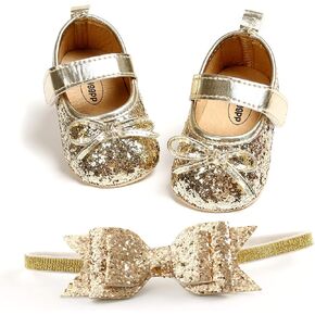 Baby Girls Mary Jane Flats with Bowknot Headband Infant Floral Princess Dress Soft Sole Crib Shoes Non-Slip for Toddler First Walkers