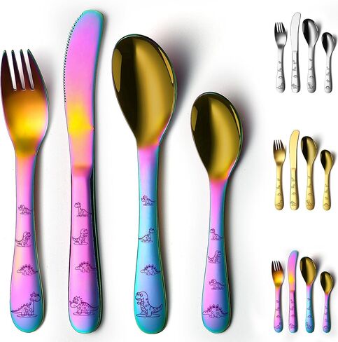 أواني إيفاندا للأطفال الصغار، طقم أدوات فضية للأطفال من الفولاذ المقاوم للصدأ مكون من 4 قطع، شوك وملاعق أواني للأطفال، أدوات مائدة مستديرة ناعمة مصقولة بالمرآة وآمنة للاستخدام في غسالة الأطباق in Kuwait