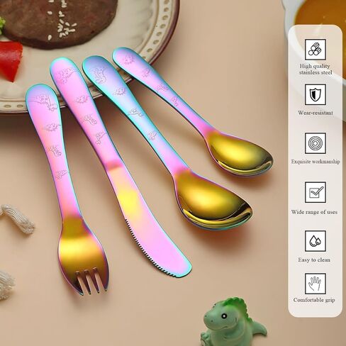 أواني إيفاندا للأطفال الصغار، طقم أدوات فضية للأطفال من الفولاذ المقاوم للصدأ مكون من 4 قطع، شوك وملاعق أواني للأطفال، أدوات مائدة مستديرة ناعمة مصقولة بالمرآة وآمنة للاستخدام في غسالة الأطباق in Kuwait