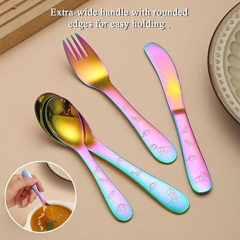 أواني إيفاندا للأطفال الصغار، طقم أدوات فضية للأطفال من الفولاذ المقاوم للصدأ مكون من 4 قطع، شوك وملاعق أواني للأطفال، أدوات مائدة مستديرة ناعمة مصقولة بالمرآة وآمنة للاستخدام في غسالة الأطباق in Kuwait