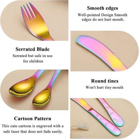 أواني إيفاندا للأطفال الصغار، طقم أدوات فضية للأطفال من الفولاذ المقاوم للصدأ مكون من 4 قطع، شوك وملاعق أواني للأطفال، أدوات مائدة مستديرة ناعمة مصقولة بالمرآة وآمنة للاستخدام في غسالة الأطباق in Kuwait