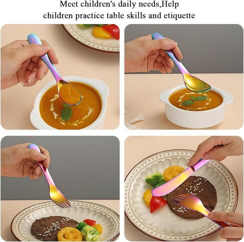 أواني إيفاندا للأطفال الصغار، طقم أدوات فضية للأطفال من الفولاذ المقاوم للصدأ مكون من 4 قطع، شوك وملاعق أواني للأطفال، أدوات مائدة مستديرة ناعمة مصقولة بالمرآة وآمنة للاستخدام في غسالة الأطباق in Kuwait