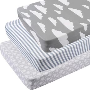 Pack n Play Sheets 3 Pack for Baby Unisex, Stretchy Jersey Knitted Portable Mini Crib Sheets Playard Mattress Cover for Baby Boys and Girls, Clouds Stripes and Arrow Printing