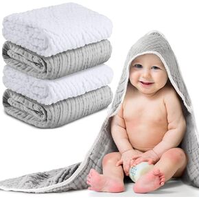 Chumia 2 Pieces Muslin Hooded Baby Towels for Newborn Girls Boys 32"x 32" Cotton Infant Bath Towel Absorbent Unisex Hooded Blankets for Babies Toddler, Newborn Registry Baby Gift (Gray,Green)
