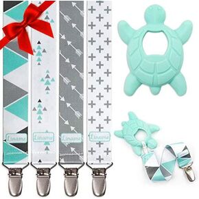 Liname Neutral Pacifier Clip with Teething Toy - 4 Pack Pacifier Clips for Boys & Girls - Binky Holder Soothie Paci Clip Binkie Clip - Unisex Pacifer Clip Baby Pacifier Clip and Pacifier Holder (Blue)