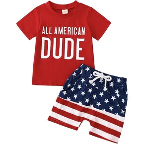 Baby Boy 4th of July Outfit Short Sleeve Letter Print T-Shirt + American Flag Shorts Set Fourth of July USA Clothes in Saudi Arabia