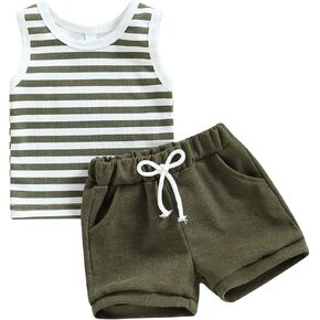 Ynibbim طفل رضيع فتاة ملابس الصيف مجموعة تي شيرتات قصيرة للأطفال مخطط بلوزات بلا أكمام الرضع ملابس قطنية محايدة 2 قطعة in Kuwait