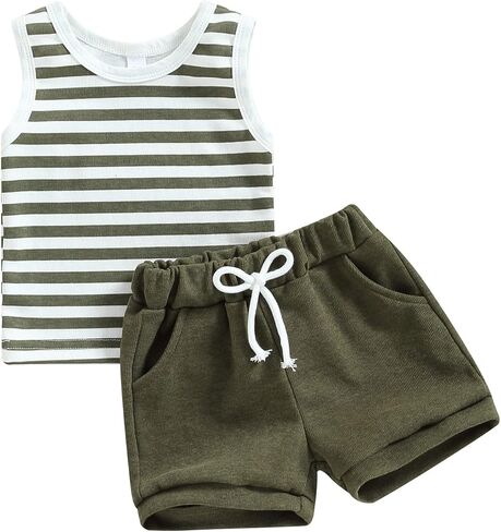 Ynibbim طفل رضيع فتاة ملابس الصيف مجموعة تي شيرتات قصيرة للأطفال مخطط بلوزات بلا أكمام الرضع ملابس قطنية محايدة 2 قطعة in Kuwait