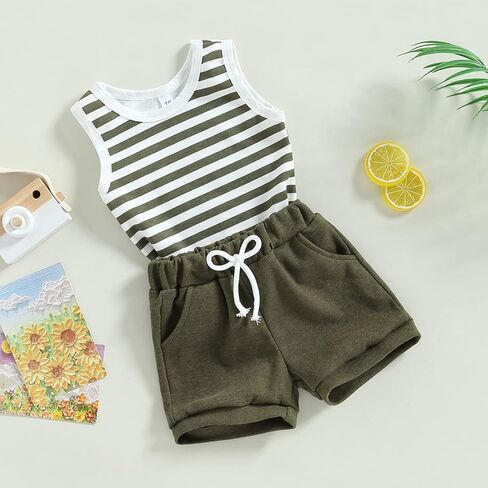 Ynibbim طفل رضيع فتاة ملابس الصيف مجموعة تي شيرتات قصيرة للأطفال مخطط بلوزات بلا أكمام الرضع ملابس قطنية محايدة 2 قطعة in Kuwait