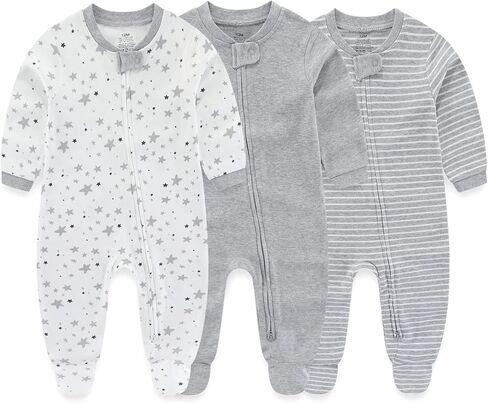 MAMIMAKA Newborn Baby Boy Girls Clothes 2-Way Zip Footed Cotton Bodysuit 3-Pack Long Sleeve Outfits 0-12Months in Saudi Arabia