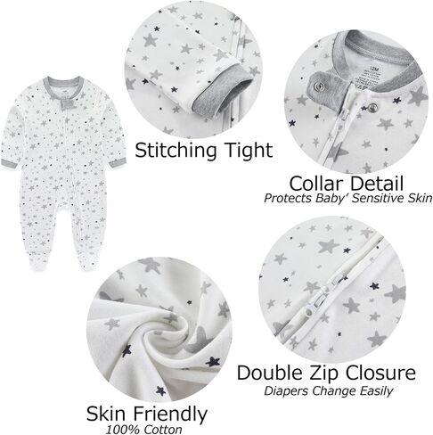 MAMIMAKA Newborn Baby Boy Girls Clothes 2-Way Zip Footed Cotton Bodysuit 3-Pack Long Sleeve Outfits 0-12Months in Saudi Arabia