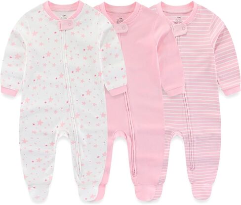 MAMIMAKA Newborn Baby Boy Girls Clothes 2-Way Zip Footed Cotton Bodysuit 3-Pack Long Sleeve Outfits 0-12Months in Saudi Arabia
