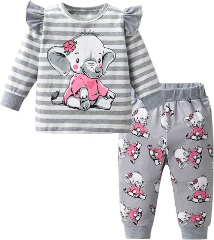 Eghunooy Baby Girls Clothes Set 2 Piece Long Sleeve Cartoon Pattern Infant Outfits in Kuwait