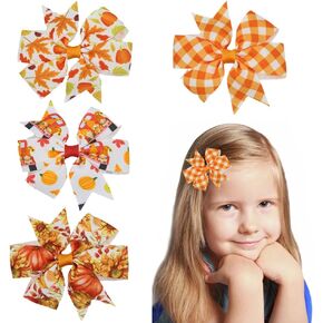 4 Packs Fall Hair Clips Girls Baby Hair Bow Clips with Maple Leaf Turkey Pumpkin Design Autumn Thanksgiving Party Boutique Grosgrain Ribbon Hair Bow with Alligator Clips for Toddlers Infants Kids