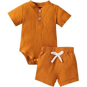 Newborn Baby Boy Girl Clothes Ribbed Knitted Cotton Short Sleeve Romper Shorts Set Solid Color Infant Summer Outfits