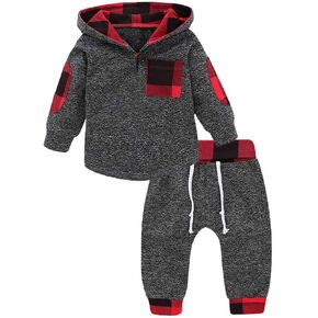 Ritatte Toddler Infant Baby Boys Clothes Plaid Long Sleeve Hoodie Sweatshirt Pants Kids Fall Winter 2Pcs Outfits Set in Kuwait