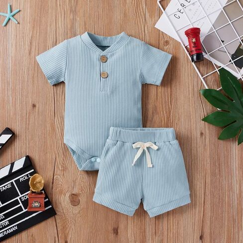 MA&BABY Newborn Baby Boy Clothes Ribbed Knit Stripe Romper Solid Shorts Set | Infant Boys Summer Outfits 0 3 6 9 12 18 Months, Short Sleeve, Checkered, Cute Soft Cotton 2Pcs Clothing Set in Saudi Arabia