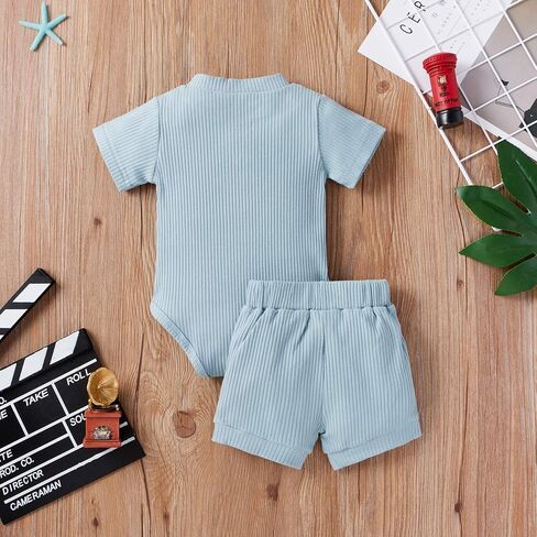 MA&BABY Newborn Baby Boy Clothes Ribbed Knit Stripe Romper Solid Shorts Set | Infant Boys Summer Outfits 0 3 6 9 12 18 Months, Short Sleeve, Checkered, Cute Soft Cotton 2Pcs Clothing Set in Saudi Arabia