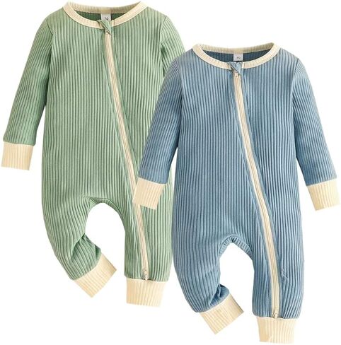 Bafeicao Unisex Baby Boy Girl 2 Pack Rompers Long Sleeve Two Way Zipper Romper One Piece Jumpsuits Clothes Sets in Kuwait