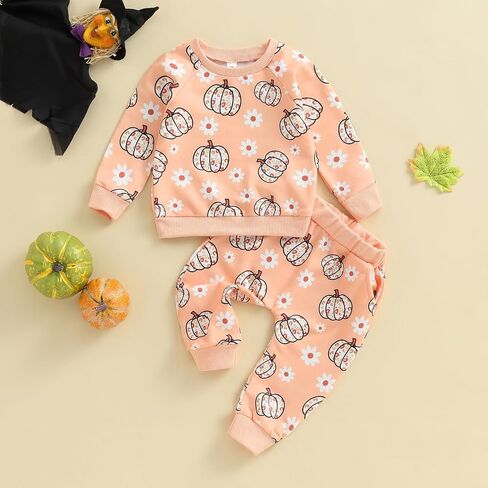 Kayotuas Baby Halloween Outfit Girl Boy Pumpkin Ghost Long Sleeve Crewneck Shirt Top and Pants Set Cute Fall Winter Clothes in Kuwait