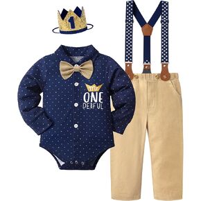 AGAPENG 1st Birthday Outfit Boy Mr Onederful Birthday Outfit First Gentleman Bowtie Romper Suspender Pants Crown Birthday Hat