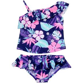 HYXFJITS Infant Baby Girls Two Piece Floral Print Swimsuits Toddler One Shoulder Ruffle Tankini Bathing Suit