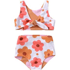 Toddler Baby Girls Two Piece Swimsuit Bikini Sleeveless Floral Heart Print Two Sided Swimwear Backless Tankini