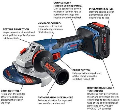 Bosch PROFACTOR 18V SPITFIRE GWS18V-13CB14 Cordless 5-6 In. Angle Grinder Kit & Slide Switch, Includes (1) CORE18V 8.0 Ah Performance Battery + Bosch GBA18V80 CORE18V 8.0 Ah Performance Battery in Saudi Arabia