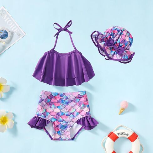 Infant Girls Ruffle Swimsuit Baby Girl Bikini Sets Toddler 3 Piece Bathing Suit with Hat Kids Swimwear Beach Set in Kuwait