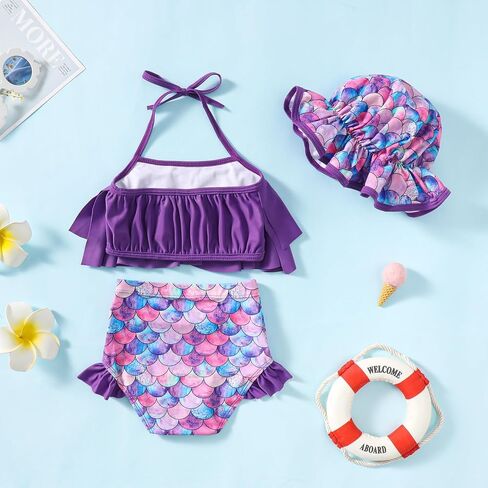 Infant Girls Ruffle Swimsuit Baby Girl Bikini Sets Toddler 3 Piece Bathing Suit with Hat Kids Swimwear Beach Set in Kuwait