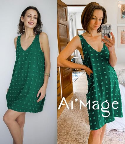 AI'MAGE Women Beach Coverups Swiss Polka Dot Bathing Suit Cover Up Sleeveless V Neck Dress with 2 Pockets in Saudi Arabia