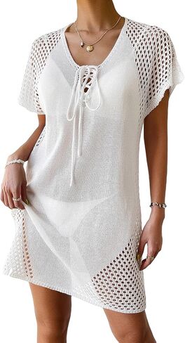 MakeMeChic Women's Knit Swimsuit Cover Up Short Sleeve Lace Up Hollow Out Beach Cover Up Dress in Saudi Arabia