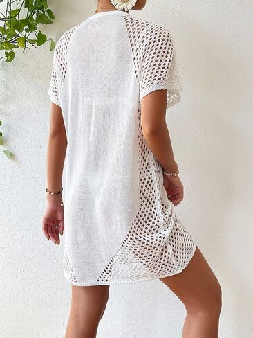 MakeMeChic Women's Knit Swimsuit Cover Up Short Sleeve Lace Up Hollow Out Beach Cover Up Dress in Saudi Arabia
