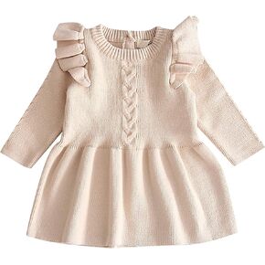 Toddler Baby Girl Knit Sweater Dress Kids Ruffle Long Sleeve Casual Birthday Christmas Party Dresses Top Winter Outfit