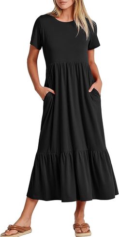 ANRABESS Women's Summer Casual Short Sleeve Crewneck Swing Dress Casual Flowy Tiered Maxi Beach Dress with Pockets in Kuwait