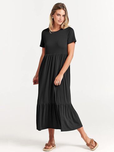ANRABESS Women's Summer Casual Short Sleeve Crewneck Swing Dress Casual Flowy Tiered Maxi Beach Dress with Pockets in Kuwait
