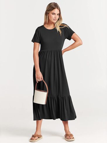 ANRABESS Women's Summer Casual Short Sleeve Crewneck Swing Dress Casual Flowy Tiered Maxi Beach Dress with Pockets in Kuwait
