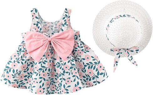 IBTOM CASTLE Baby Girls Party Summer Tutu Dresses Backless Bowknot Flower w/Straw Hat Princess Party Sundress in Saudi Arabia