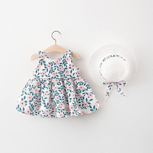 IBTOM CASTLE Baby Girls Party Summer Tutu Dresses Backless Bowknot Flower w/Straw Hat Princess Party Sundress in Saudi Arabia